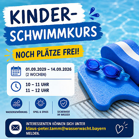 Schwimmkurs für Kinder Dieses Bild zeigt eine Grafik für einen Schwimmkurs für Kinder mit blauem Wasser,blauer Schwimmbrille und blauem Schwimmbrett.
